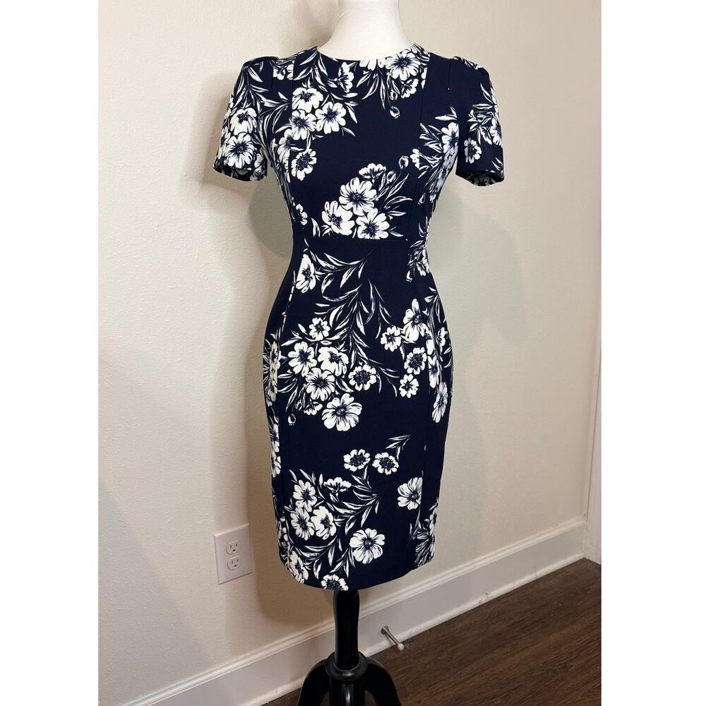 Calvin Klein Floral Sheath Dress 4P Petite Navy White Puff Sleeve Career NWOT